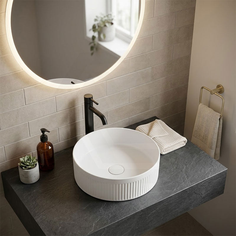 Round Fluted Above Counter Ceramic Basin Ultra Slim 410x410x120mm - In Various Colour