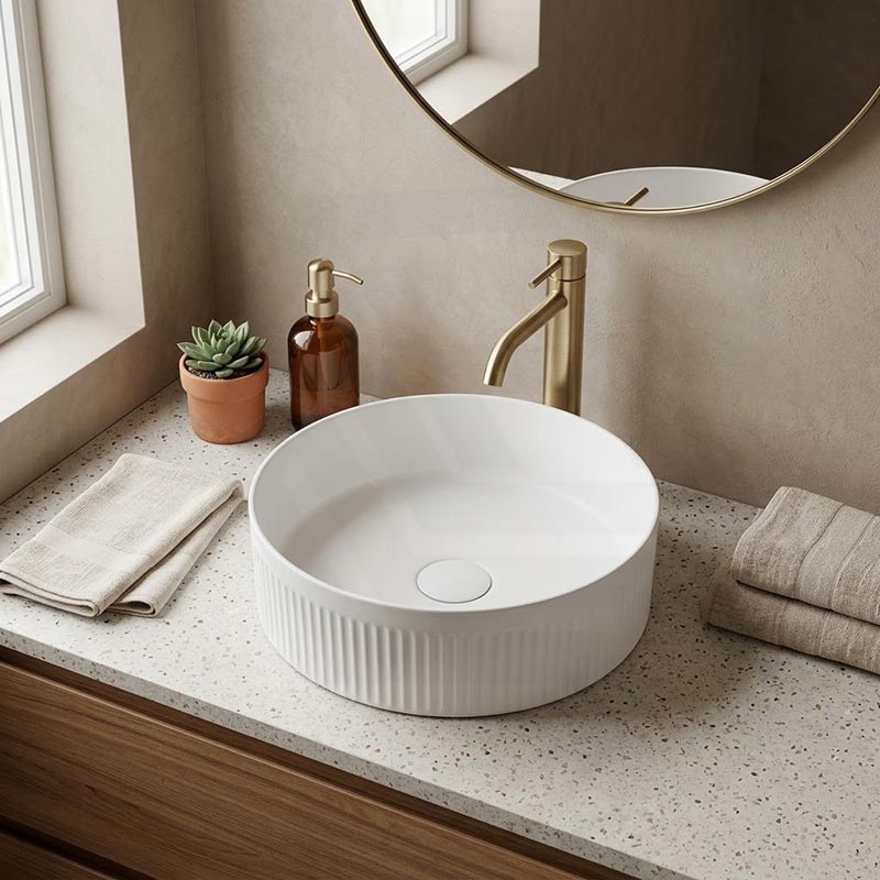 Round Fluted Above Counter Ceramic Basin Ultra Slim 410x410x120mm - In Various Colour