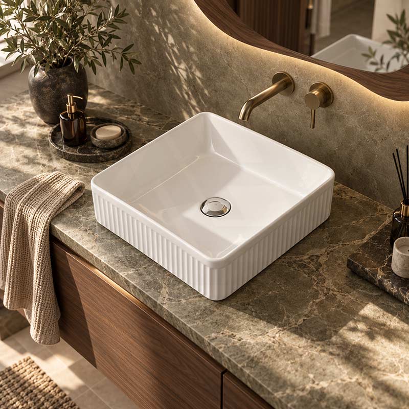 Square Above Counter Ceramic Basin Ultra Slim 415x415x120mm - In Various Colour