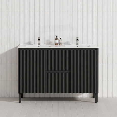 600/750/900/1200/1500mm Ceto Brighton Freestanding Vanity with Legs PVC Board Matt Black Linear Surface