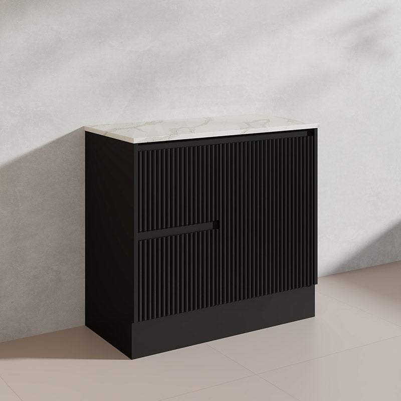 600/750/900/1200/1500mm Ceto Brighton Freestanding Vanity with Kickboard PVC Board Matt Black Linear Surface