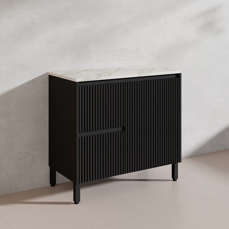 600/750/900/1200/1500mm Ceto Brighton Freestanding Vanity with Legs PVC Board Matt Black Linear Surface