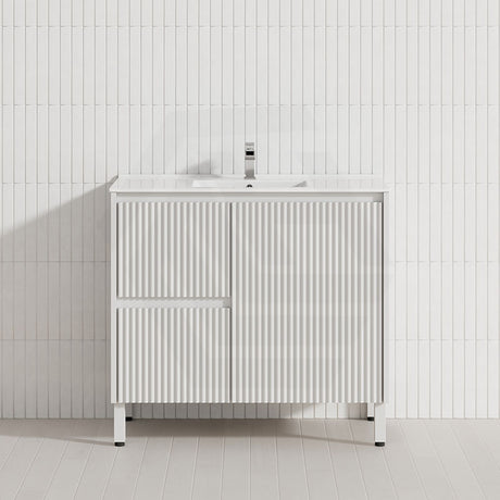 600-1500mm Ceto Brighton Freestanding Vanity with Legs Matt White PVC Board Cabinet ONLY Linear Surface