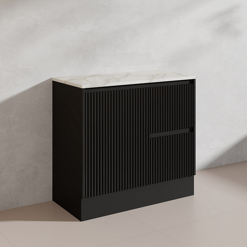 600/750/900/1200/1500mm Ceto Brighton Freestanding Vanity with Kickboard PVC Board Matt Black Linear Surface