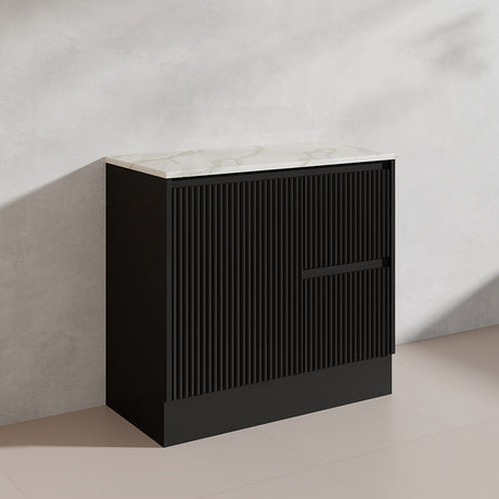 600/750/900/1200/1500mm Ceto Brighton Freestanding Vanity with Kickboard PVC Board Matt Black Linear Surface