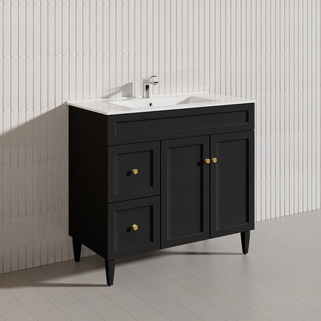 900mm Harrington Freestanding Vanity with Legs/Kickboard Matt Black/White PVC Cabinet ONLY & Ceramic Top Available