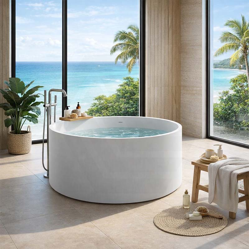CETO Como Freestanding Bathtub Acrylic Round with Overflow 1280x1280x595mm - Matt White
