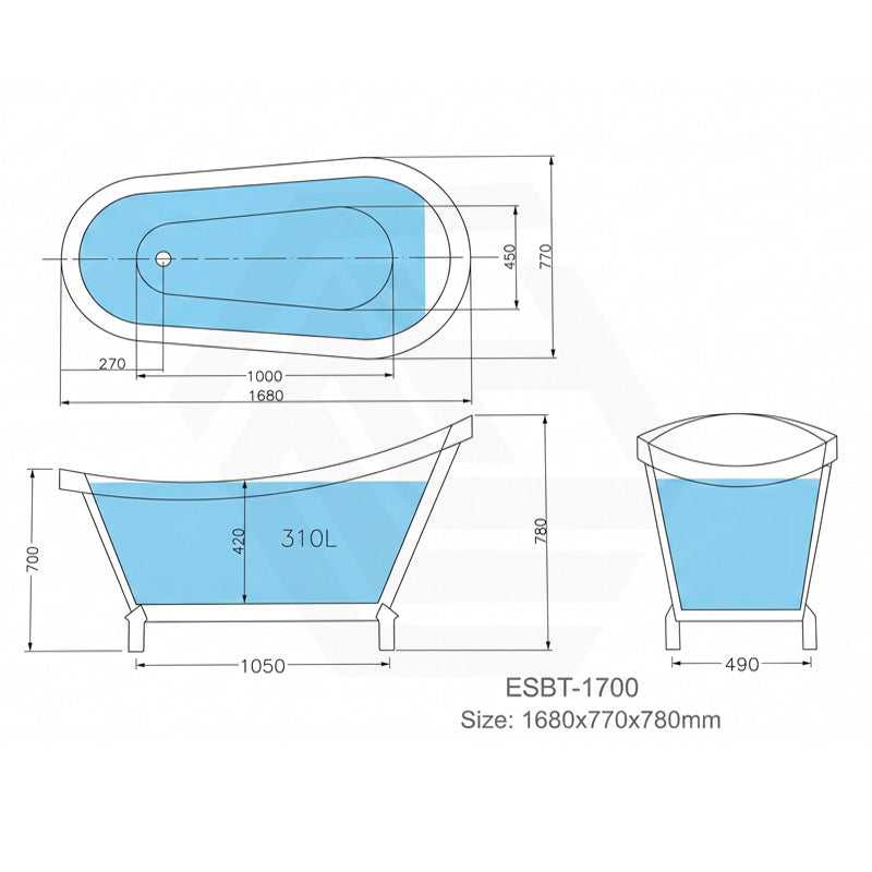 Espada Clawfoot Bathtub Freestanding Bathtub NO Overflow 1680x770x780mm - Gloss White