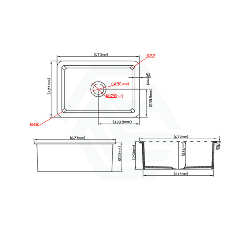 677X477X250Mm Gloss White Camden Fireclay Kitchen/Laundry Sink Single Bowl Top/Under Mount Kitchen