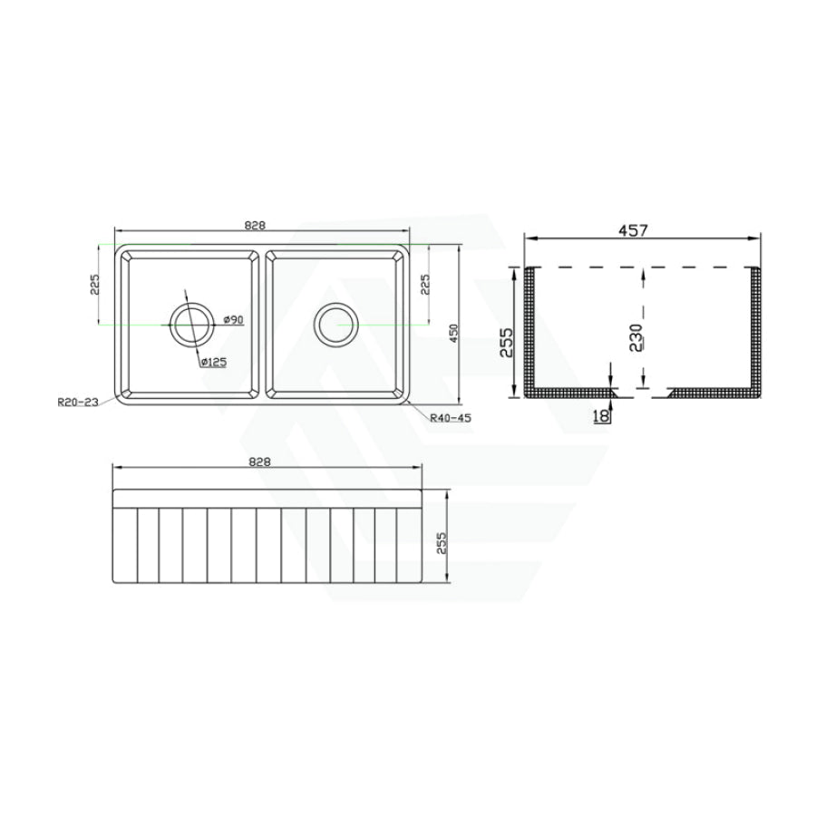 828X450X255mm Gloss White Greenwich Fireclay Farmhouse Sink Double Bowls Kitchen Laundry Butler
