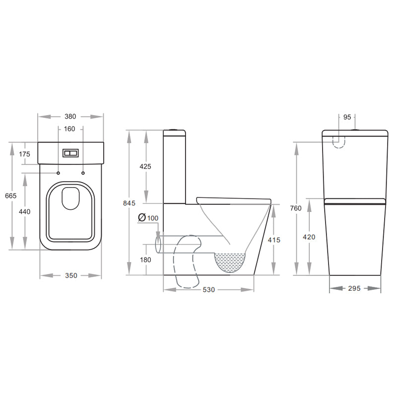 665x380x845mm Qubist Gloss White Box Rim Back To Wall Toilet Suite Back/Left and Right Bottom Inlet