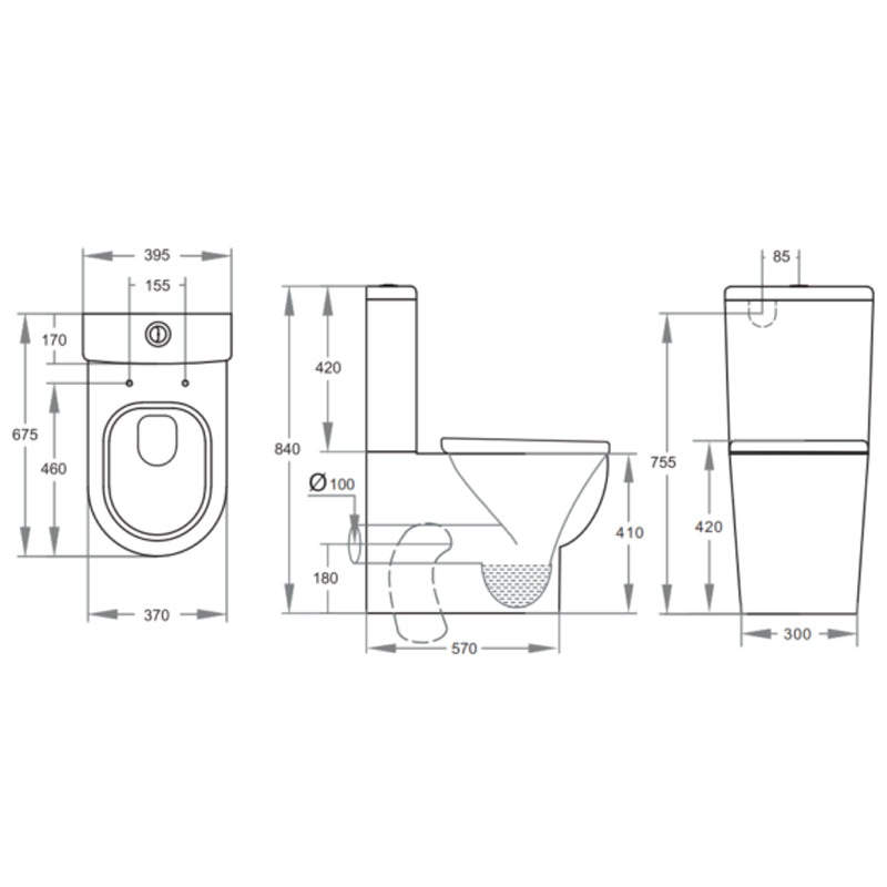 675x395x840mm Pola Ceramic White Box Rim Back To Wall Toilet Suite Back/Left and Right Bottom Inlet