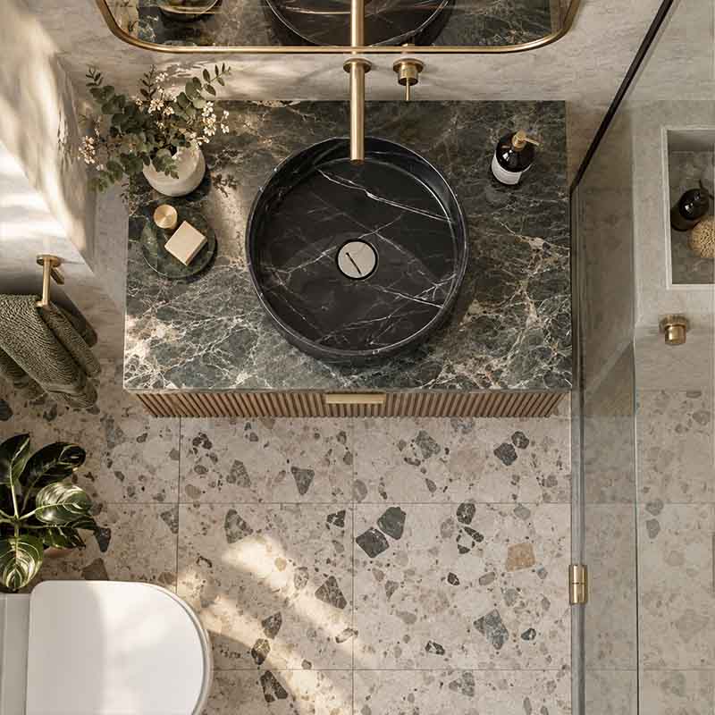 Poseidon Round Ceramic Above Counter Basin NO Overflow 346x346x114mm - Marble Matt Black