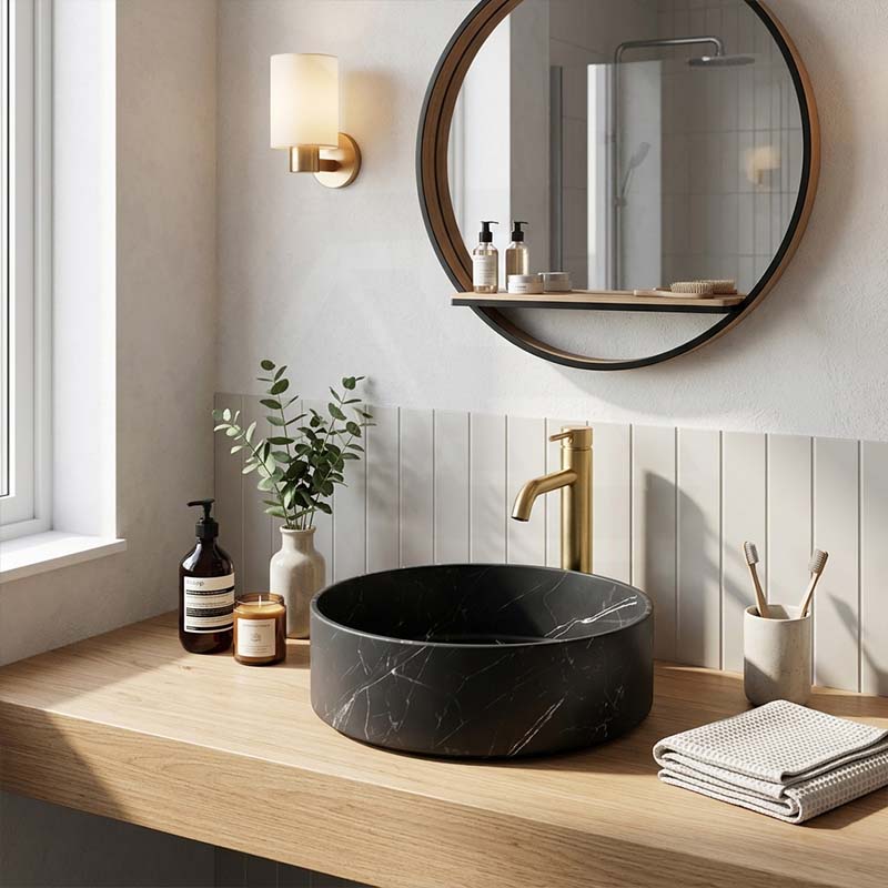 Poseidon Round Ceramic Above Counter Basin NO Overflow 346x346x114mm - Marble Matt Black