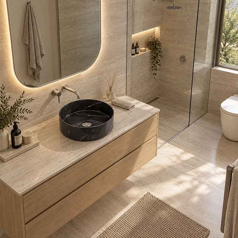 Poseidon Round Ceramic Above Counter Basin NO Overflow 346x346x114mm - Marble Matt Black
