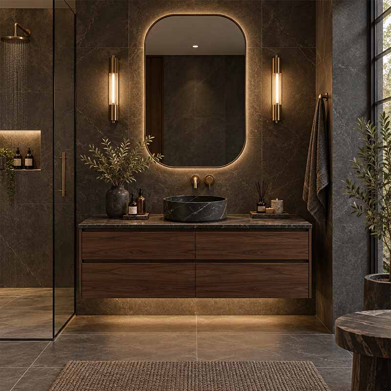 Poseidon Round Ceramic Above Counter Basin NO Overflow 346x346x114mm - Marble Matt Black
