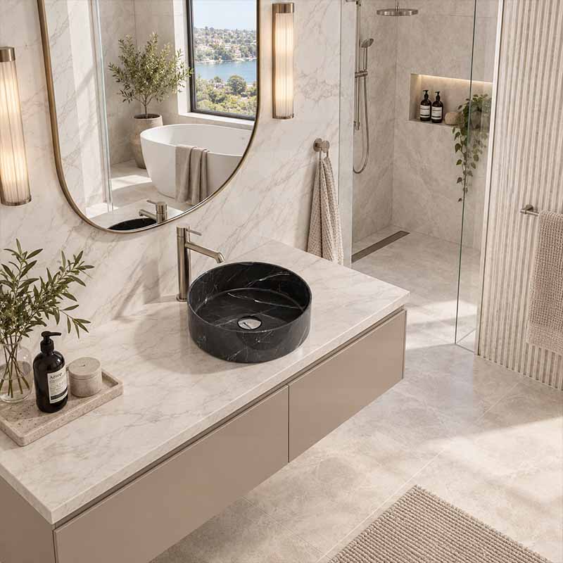 Poseidon Round Ceramic Above Counter Basin NO Overflow 346x346x114mm - Marble Matt Black