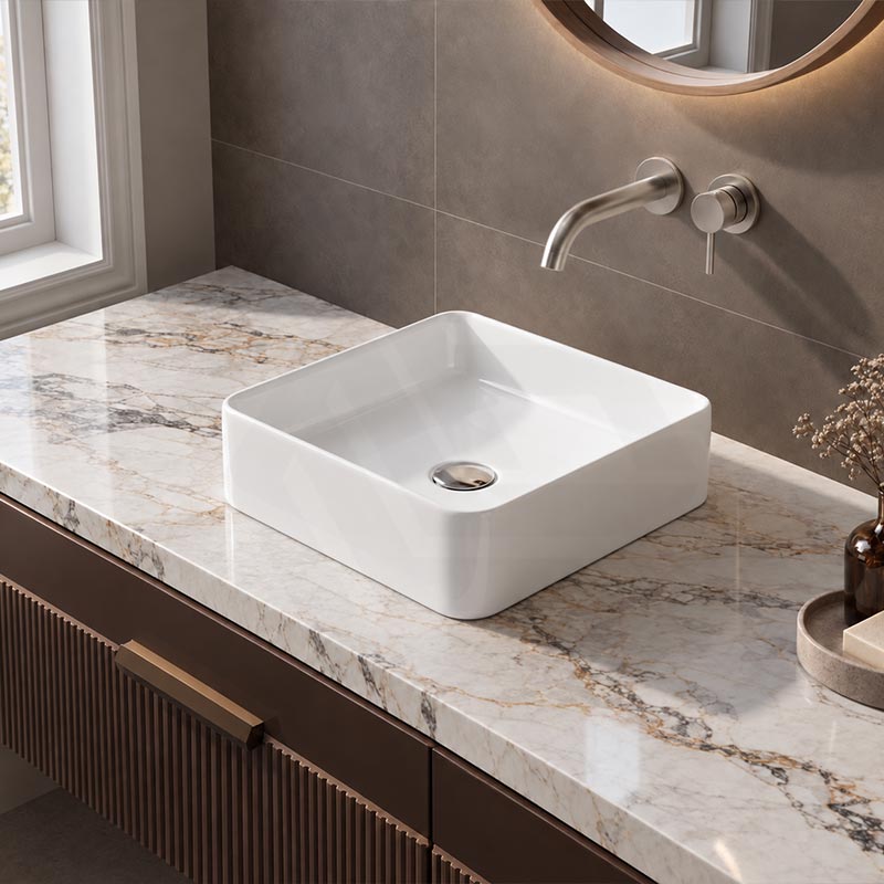 Square Above Counter Top Ceramic Basin Ultra Slim 370x370x130mm - Gloss White