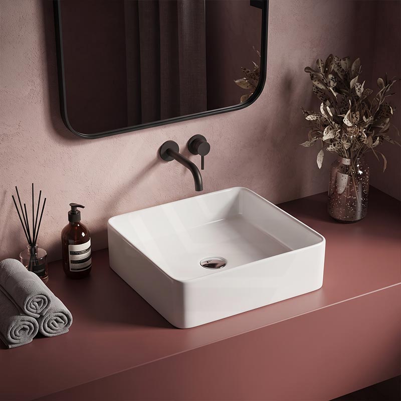 Square Above Counter Top Ceramic Basin Ultra Slim 370x370x130mm - Gloss White