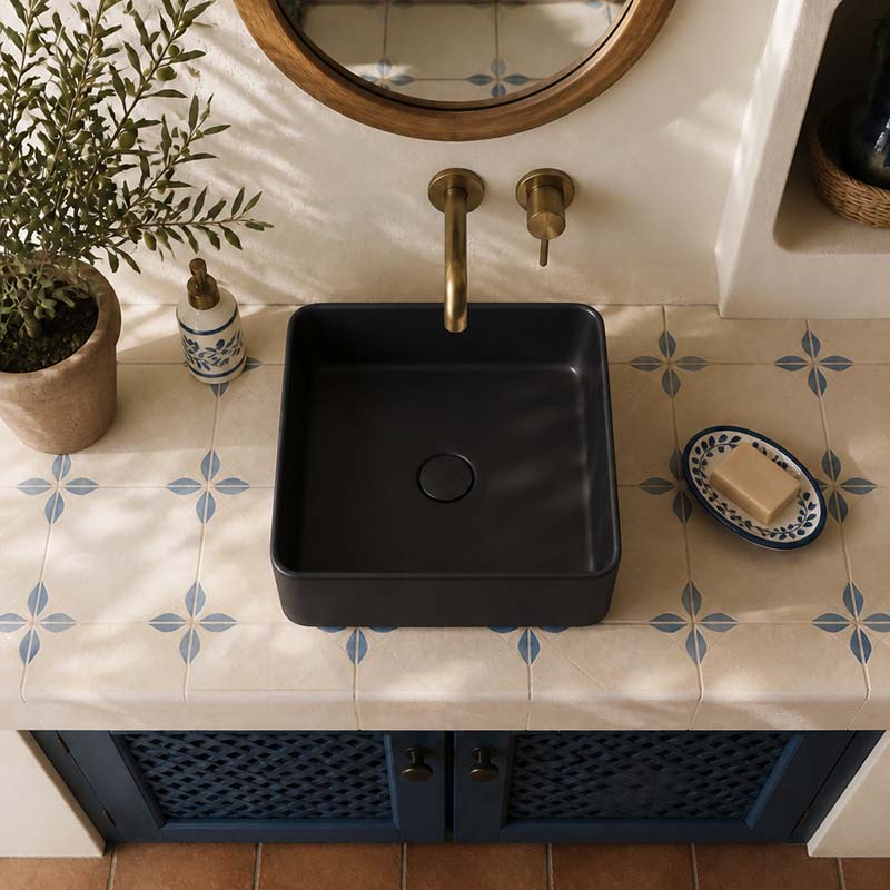 Square Above Counter Top Ceramic Basin 370x370x130mm - Matt White / Matt Black