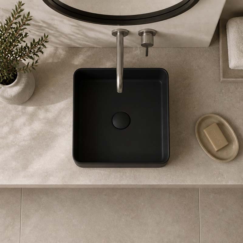 Square Above Counter Top Ceramic Basin 370x370x130mm - Matt White / Matt Black