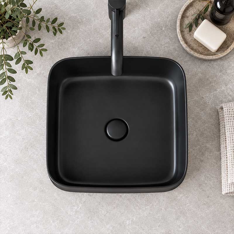 Poseidon Square Ceramic Ultra Slim Above Counter Basin NO Overflow 375x375x110mm - Matt Black