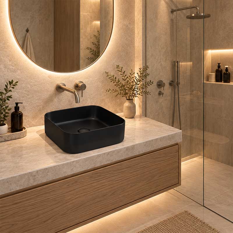 Poseidon Square Ceramic Ultra Slim Above Counter Basin NO Overflow 375x375x110mm - Matt Black