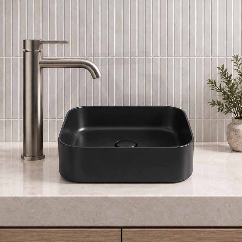 Poseidon Square Ceramic Ultra Slim Above Counter Basin NO Overflow 375x375x110mm - Matt Black