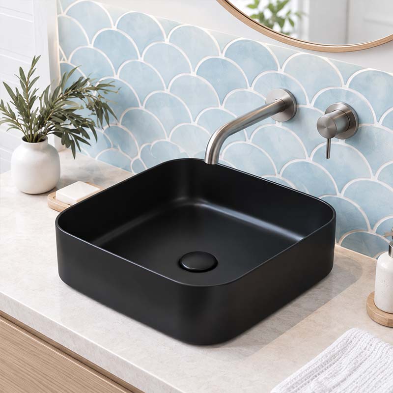 Poseidon Square Ceramic Ultra Slim Above Counter Basin NO Overflow 375x375x110mm - Matt Black