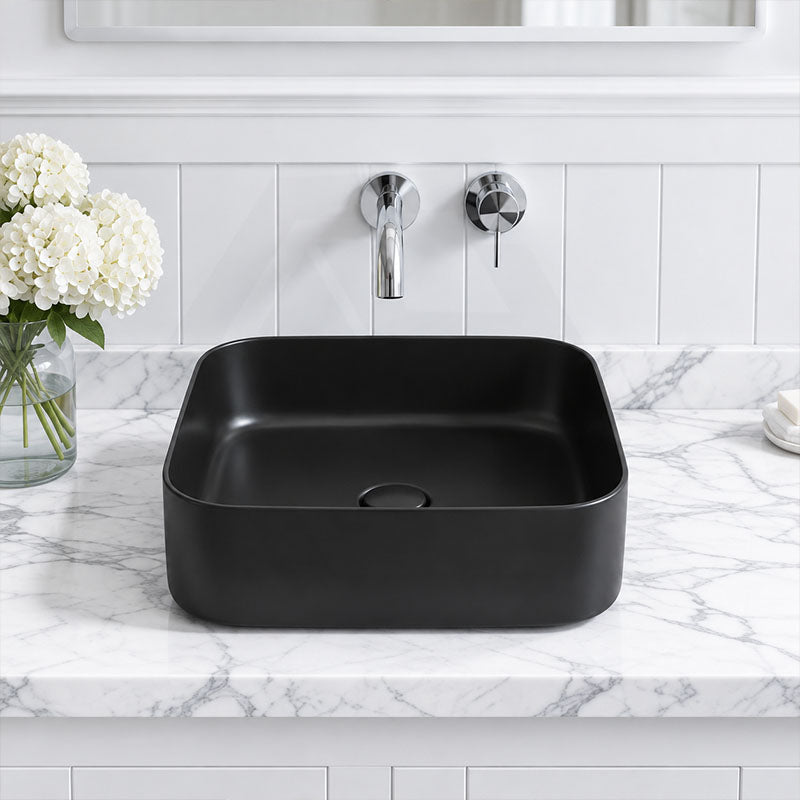 Poseidon Square Ceramic Ultra Slim Above Counter Basin NO Overflow 375x375x110mm - Matt Black