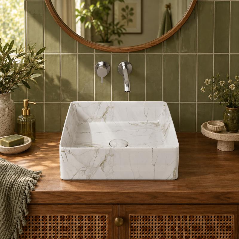 Square Above Counter Top Ceramic Basin 360x365x130mm - Matt White Carrara