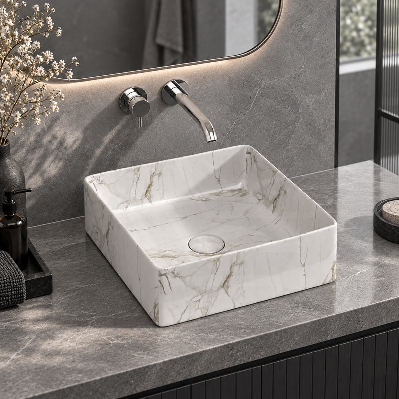 Square Above Counter Top Ceramic Basin 360x365x130mm - Matt White Carrara