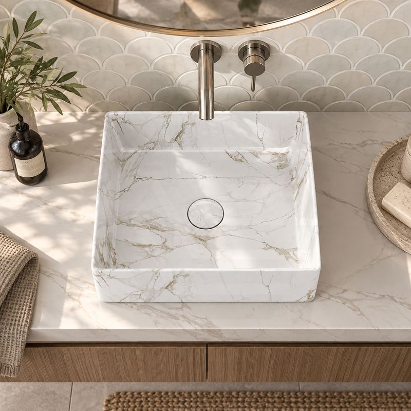 Square Above Counter Top Ceramic Basin 360x365x130mm - Matt White Carrara