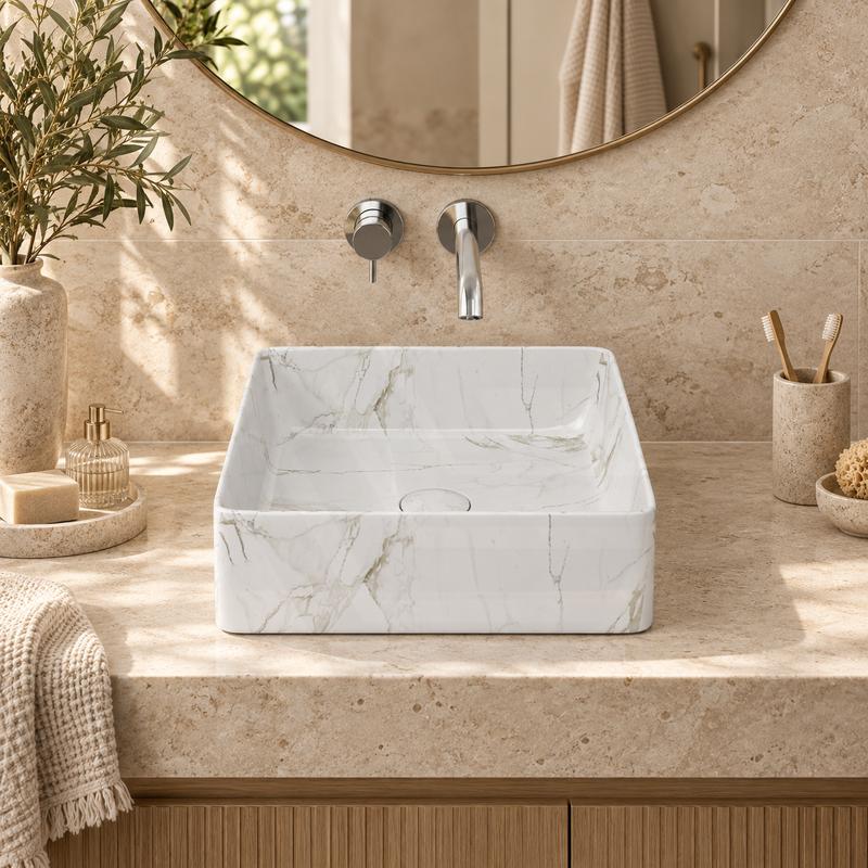 Square Above Counter Top Ceramic Basin 360x365x130mm - Matt White Carrara