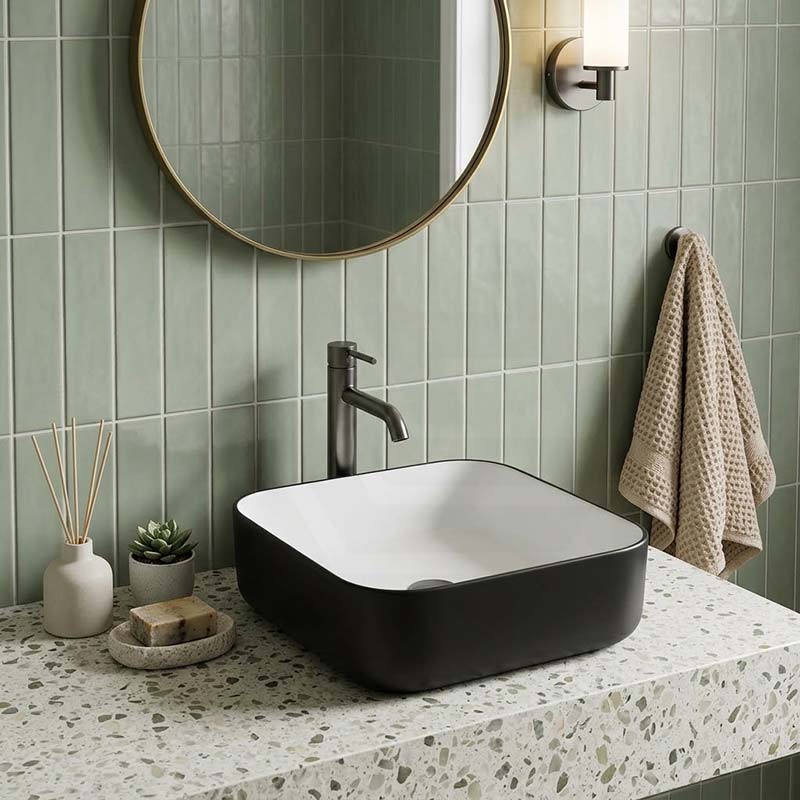 Square Above Counter Ceramic Basin 385x385x135mm - Matt White & Black