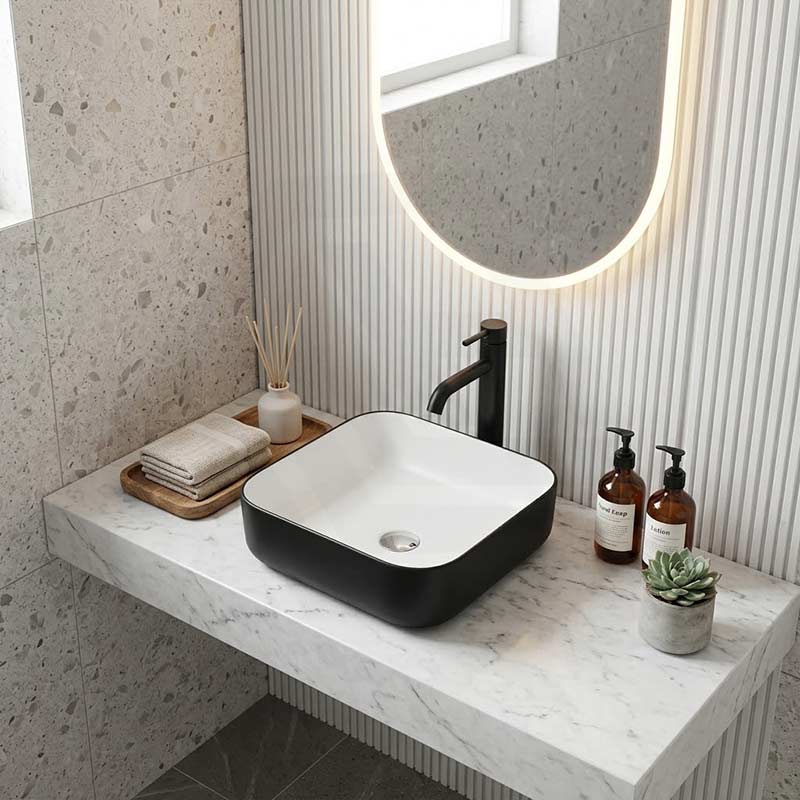 Square Above Counter Ceramic Basin 385x385x135mm - Matt White & Black