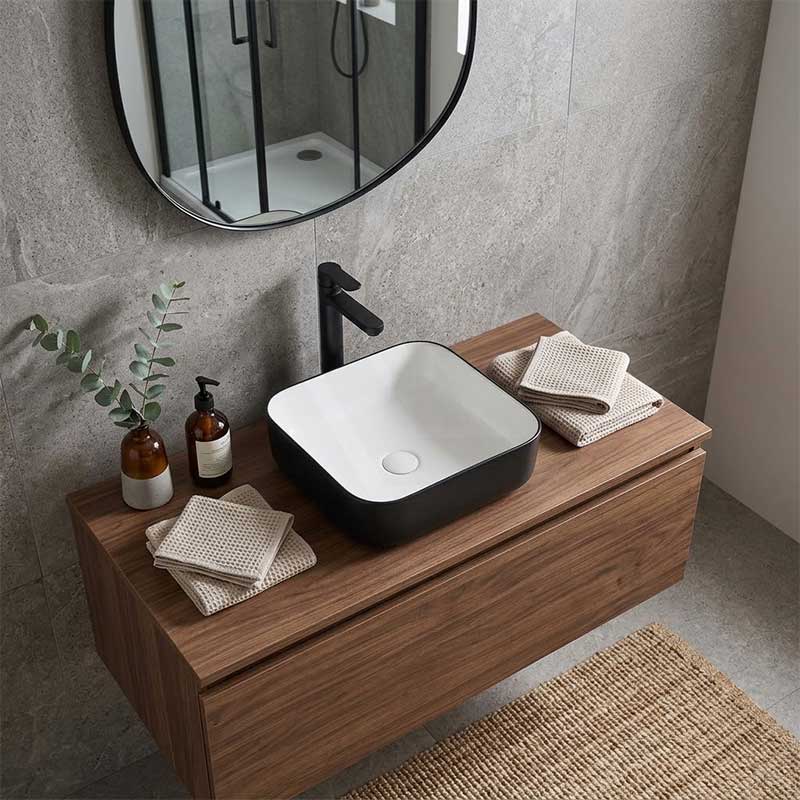 Square Above Counter Ceramic Basin 385x385x135mm - Matt White & Black