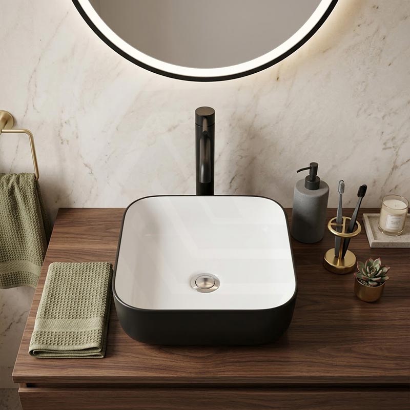 Square Above Counter Ceramic Basin 385x385x135mm - Matt White & Black