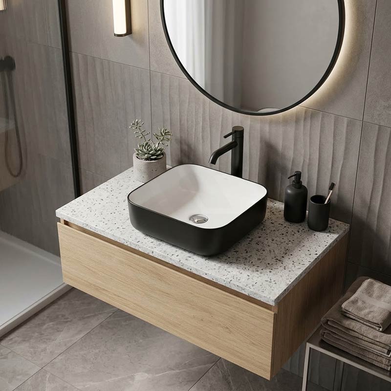 Square Above Counter Ceramic Basin 385x385x135mm - Matt White & Black