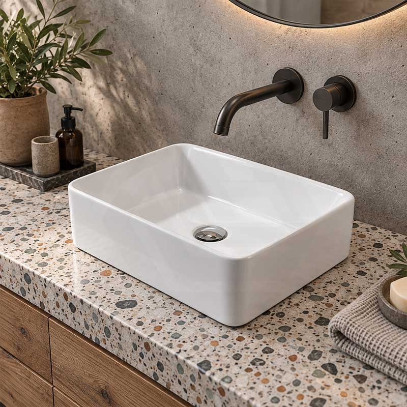 Poseidon Rectangle Ceramic Above Counter Basin 400x300x130mm - Gloss White