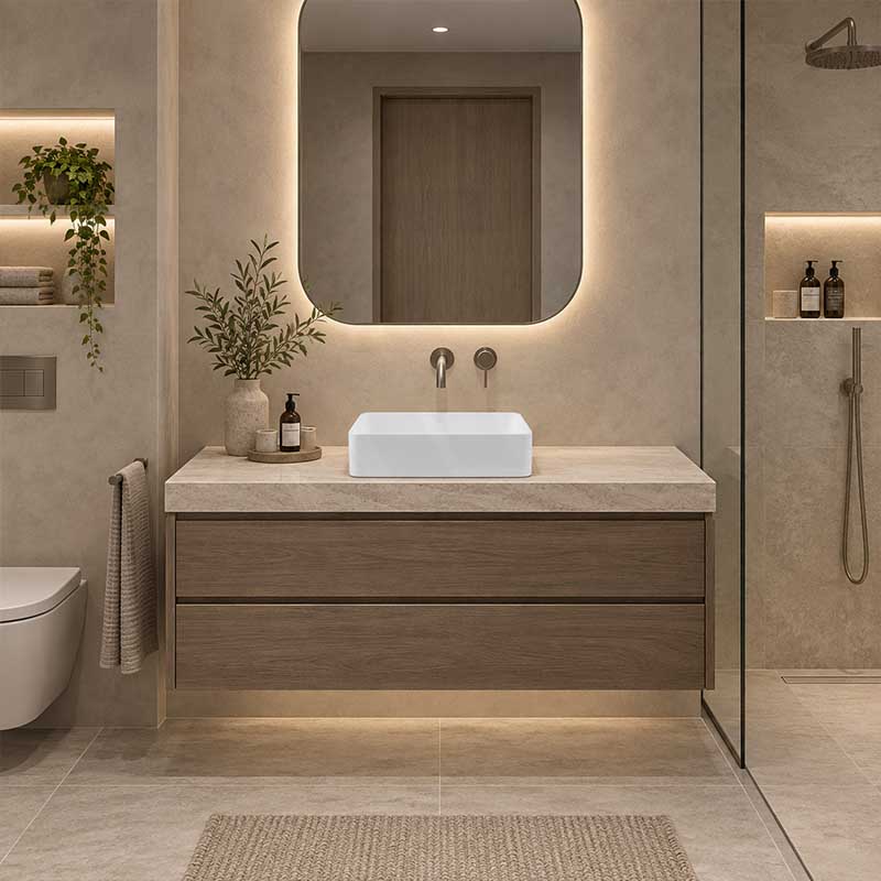 Poseidon Square Ceramic Ultra Slim Above Counter Basin NO Overflow 415x415x135mm - Gloss White