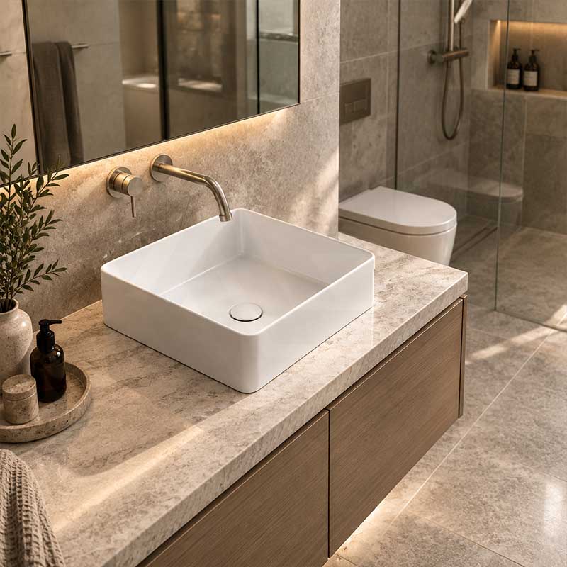 Poseidon Square Ceramic Ultra Slim Above Counter Basin NO Overflow 415x415x135mm - Gloss White
