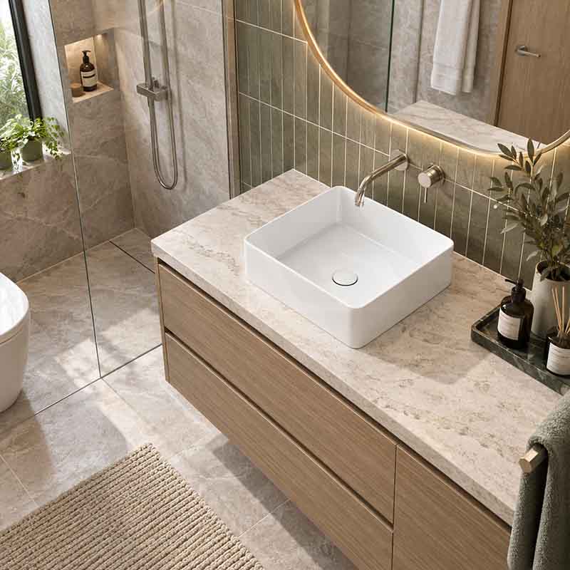 Poseidon Square Ceramic Ultra Slim Above Counter Basin NO Overflow 415x415x135mm - Gloss White