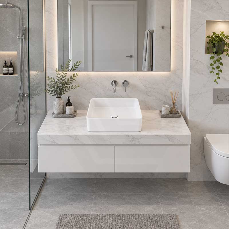 Poseidon Square Ceramic Ultra Slim Above Counter Basin NO Overflow 415x415x135mm - Gloss White
