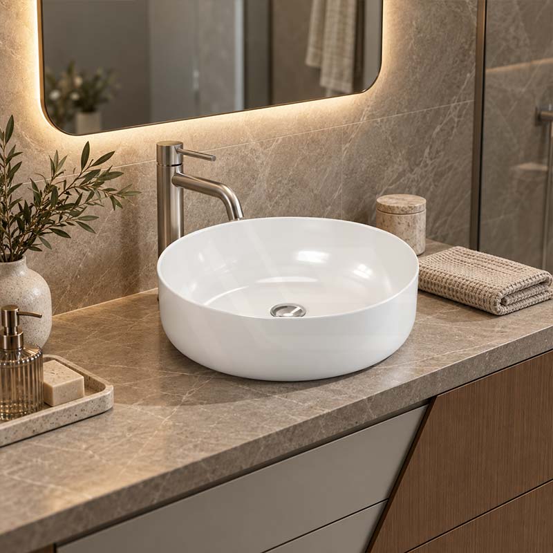 Round Ceramic Above Counter Basin Wash Basin Ultra Slim 420x420x140mm - Gloss White