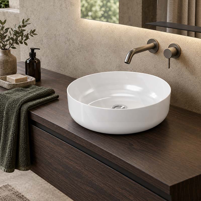 Round Ceramic Above Counter Basin Wash Basin Ultra Slim 420x420x140mm - Gloss White