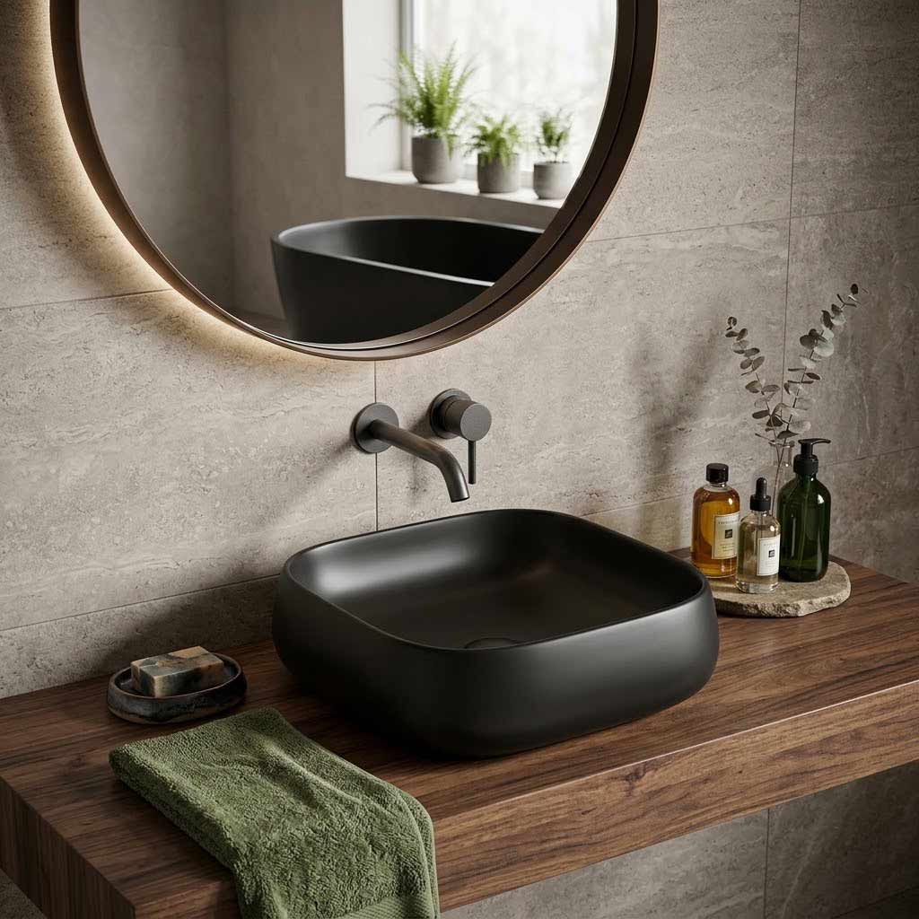 Rectangle Above Counter Ceramic Basin Ultra Slim 450x400x145mm - Available In Colours