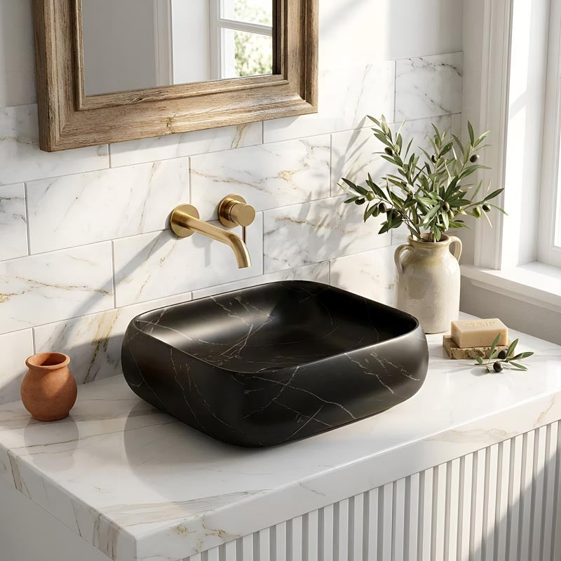 Rectangle Above Counter Ceramic Basin Ultra Slim 450x400x145mm - Matt Black Marble