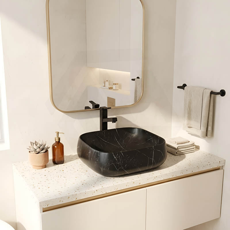Rectangle Above Counter Ceramic Basin Ultra Slim 450x400x145mm - Matt Black Marble