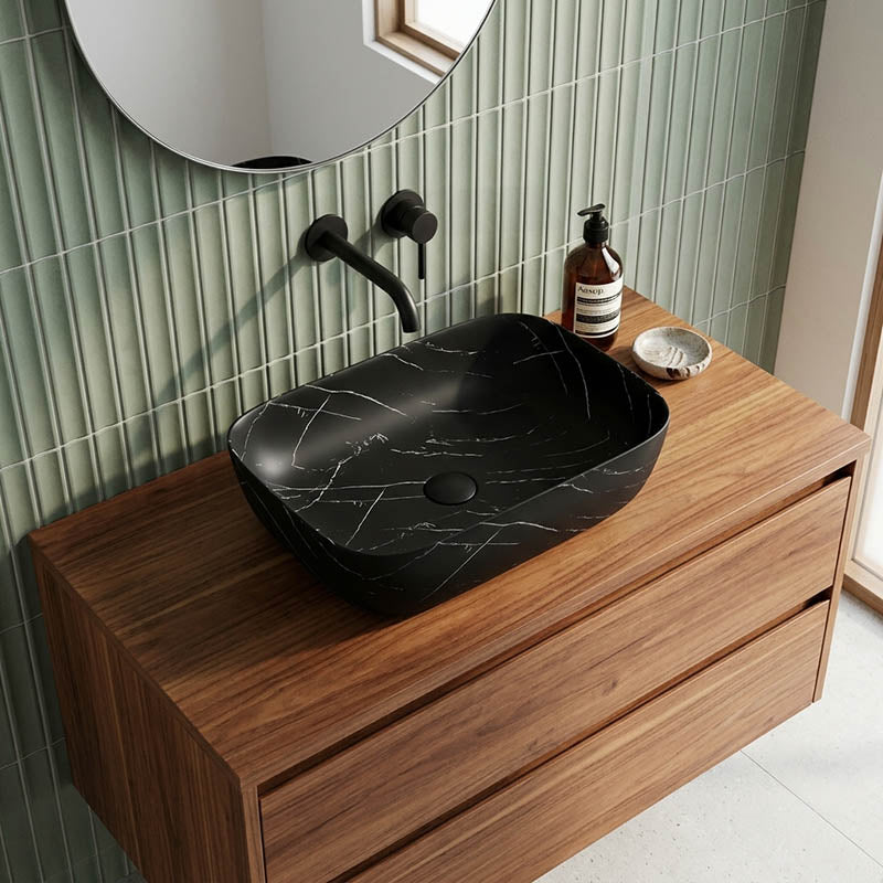 Bathroom Wash Basin Ceramic Rectangle Above Counter Marble Surface 460x320x135mm - Matt Black